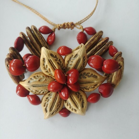 4/$20 Y2K wood and bead adjustable bracelet flower orange and brown - Picture 5 of 9